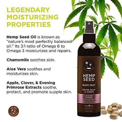 Hemp Seed Body Mist - 8 fl oz - Moisturizes, Invigorates & Protects Skin - With Hemp Seed Oil, Chamomile & Aloe Vera - Vegan, Cruelty Free