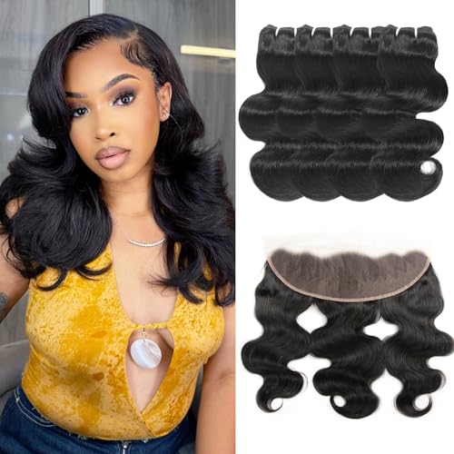 Body Wave Human Hair Bundles with Frontal (16 16 18 18+16Frontal) 12A 4 Bundles Human Hair with Closure 13x4 HD Lace Frontal 100% Unprocessed Brazilian Virgin Hair