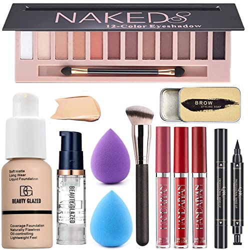 All in One Makeup Kit For Girls 12 Colors Naked Eyeshadow Palette, Nude Foundation Face Primer, Makeup Brush, Makeup Sponge, Eyebrow Soap Kit Brows Gel, Winged Eyeliner Stamp Makeup Set (SetA)