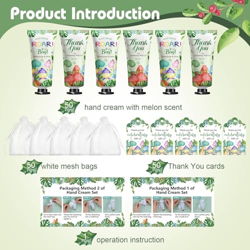 50 Pack Bulk Hand Cream Gifts Sets, Baby Shower Favors and Wedding Welcome Bag Stuffers for Guests with Thank You Card and Organza Gift Bags, Appreciation Gifts, Bridal Shower Favors (Dinosaur)