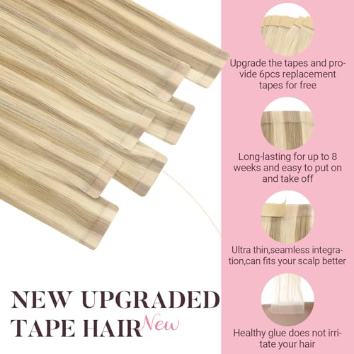 MAXITA Tape in Hair Extensions Human Hair, Balayage Light Blonde Highlighted Golden Blonde Grey Tone 24Inch 50g 20pcs, Thick Ends Straight Seamless Tape ins, Invisible Hair Extensions Real Human Hair