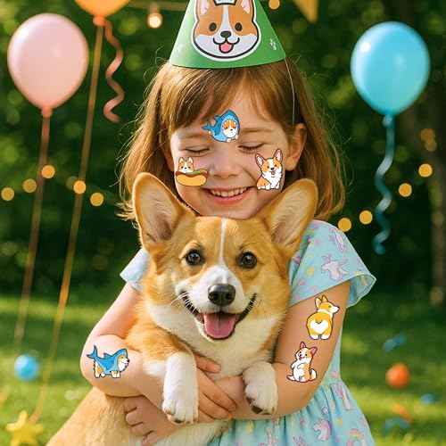 96PCS Corgi Temporary Tattoos for Kids ? Pre-Cut Dog Stickers for Birthday Party Favors, Classroom Prizes, Baby Shower, Stocking Stuffers ? Cute Puppy-Themed Gifts for Boys & Girls