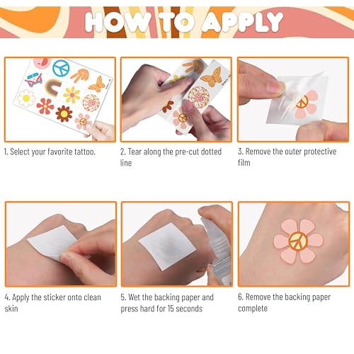 60PCS One Two Groovy 60s 70s Pre-Cut Temporary Tattoos for Kids Birthday Theme Party Supplies Decorations Favors Decor Super Cute Retro Hippie Rainbow Tattoo Stickers Gift for School Prizes Girls Boys