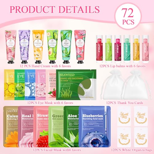 72 Pcs Bulk Gifts For Women, Bulk Facial Mask, Lip Balms, Hand Creams & Under Eye Patches, Spa Party Supplies,Party Favors For Bridal Wedding, Baby Shower,Sleepover Party, Christmas Stocking Stuffers