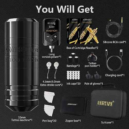 Ambition Torped Tattoo Kit - Rotary Tattoo Machine Kit with 2400mAh Power Supply Brushless Motor Tattoo Gun Kit 40pcs Mixed Size Glory Tattoo Cartridge Needles Gloves for Professional Tattoo Artist