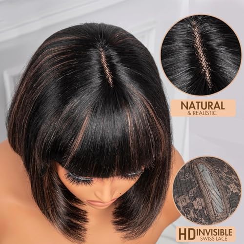 Bob Wig with Bangs Human Hair Glueless HD Lace Straight Short Bob Wig with Brown Highlights, Ready to Go Short Wigs For Women £¨12 Inch bob wig£©