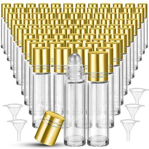 Sumind 150 Pcs Essential Oil Roller Bottles 10 ml Glass Empty Roll on Bottles with Stainless Steel Balls Leak Proof with 5 Funnel for Travel Essential Oil(Gold)