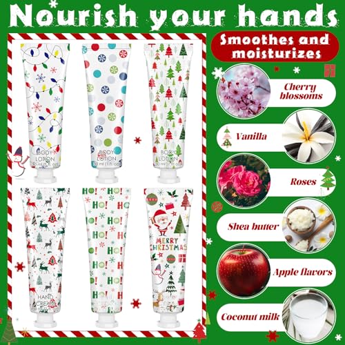 36 Sets/216 Pcs Christmas Party Favors Christmas Hand Cream Body Lotion Lip Balm Nail File Gifts Set Xmas Stocking Stuffers Travel Size Lotion Bulk Holiday Party Supplies for Coworkers Women Adults