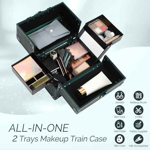 Makeup Train Case 2 Trays Makeup Box Organizer Portable Travel Makeup Case Lockable Makeup Storage Organizer Cosmetic Box for Jewelry Nail Tech Brushes Accessories Tool,Green Pro