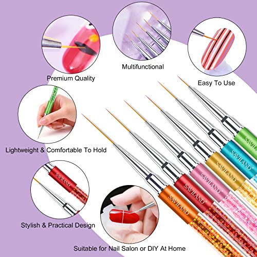 Saviland 6pcs Nail Art Liner Brushes Set: Nail Gel Polish Painting Nail Art Design Brush Pen Set with Crushed Diamond Rhinestones Handle for Pulling Lines, Sizes 7/9/11/13/17/23 mm, Christmas Gifts