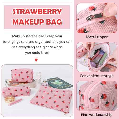 3 Pcs Makeup Bag Cosmetic Bag Set for Girls Women Travel Organizer Bathroom Toiletry Pouch Large Capacity Storage Bag (Strawberry Pink)