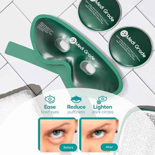 Medi Grade Cooling Eye Mask for Puffy Eyes, Allergies, Sinuses - Reusable Gel Eye Mask and Cooling Pads with Thermo-Bag for Dark Circles, Hangovers and Migraine Relief - Cold Eyemask