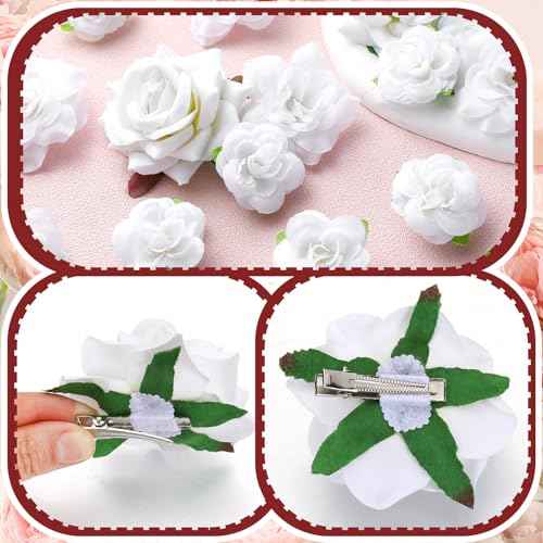 BBTO 21 Pieces Flower Hair Clips - Rose Hair Clips & Barrettes for Women - Flower Hair Accessories - Boho Bride Claw Clip Hairpin Brooch Pin Headpiece for Wedding (White, Large, Medium, Small)
