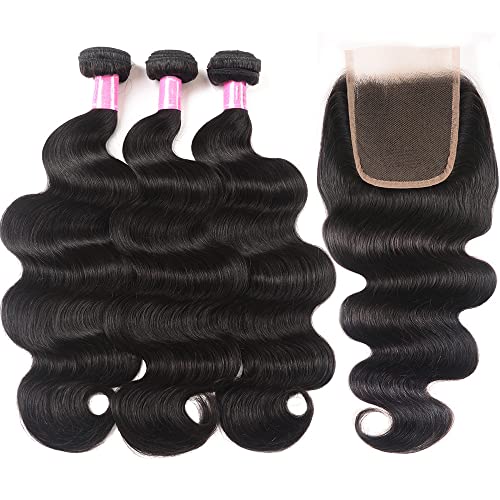 Body Wave Bundles with Closure Brazilian Human Hair 3 Bundles with Closure£¨14 16 18+12£©Body Wave 100% Unprocessed Virgin Hair Bundles with 4x4 Lace Closure Free Part Natural Black Color