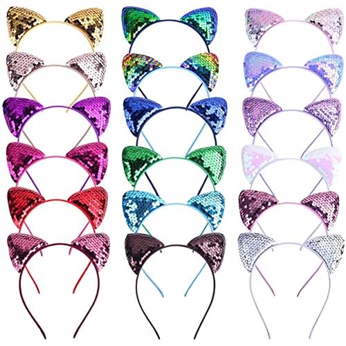 18 Pieces Cat Ear Headbands, Sequin Headwear Hair Band Party Decoration Cosplay for Girls Women