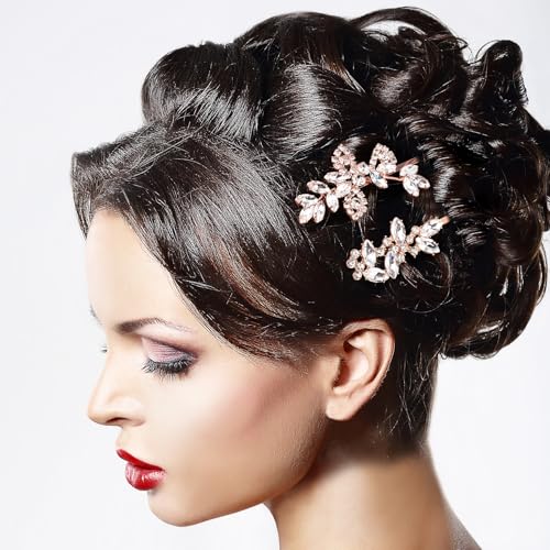4PCS Rhinestones Hair Clips, Bridal Crystal Hair Pins, 2 Styles French Hairpins Alloy Leaf Shape Barrettes for Women, Girls for Wedding, Parties (Rose Gold, 2 Pairs)
