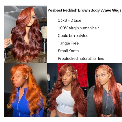 26 Inch Reddish Brown Body Wave Glueless Lace Front Wigs Human Hair Light Chocolate Brown 180% Density Auburn Copper Reddish Brown Wigs for Women 13x6