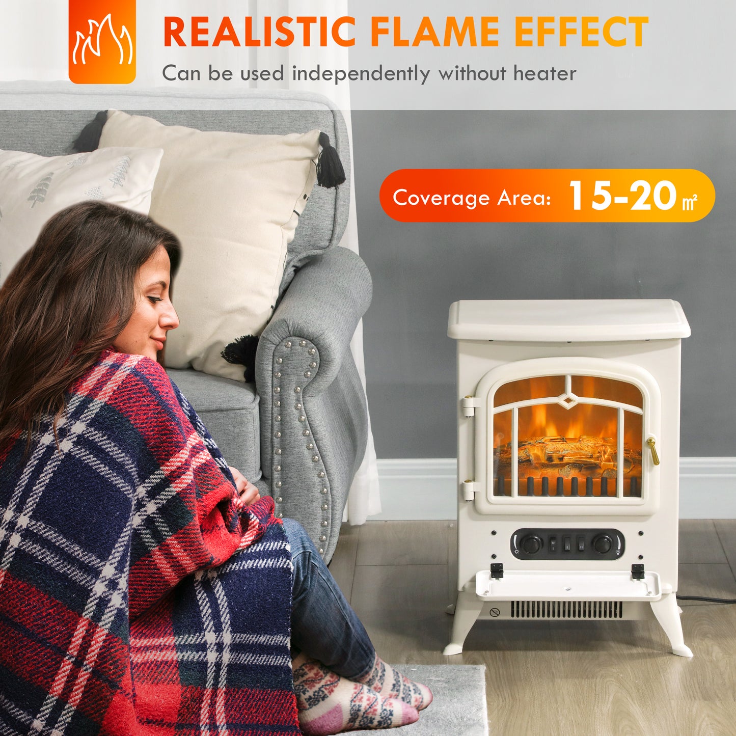 Electric Fireplace Heater with Realistic LED Flames - 725W/1450W, Beige