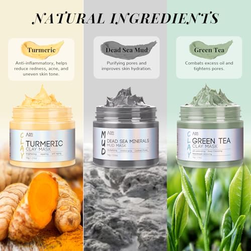 ANAI RUI 3 Pack Face Mask Gift Set,Christmas Facial Mask Set,Turmeric Clay Mask - Green Tea Mud Mask - Dead Sea Minerals Mud Mask Stocking Stuffers for Women &Teen Girl 2.5 oz each