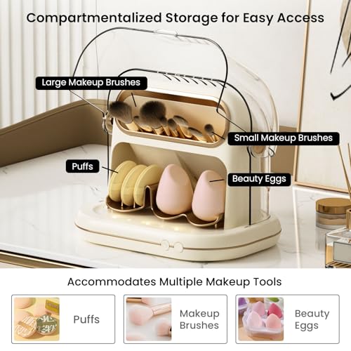 KAYUSO Electric Makeup Brush Dryer Machine, 3 in 1 Automatic Makeup Brush Dryer and Storage with Cover, Timed Cleaning Tool for Most Size Brushes and Sponges