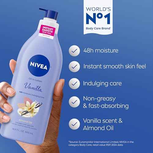 NIVEA Oil Infused Vanilla and Almond Oil Body Lotion for Women, Fast-Absorbing and Non-Greasy Vanilla Scented Lotion Moisturizes for 48 Hours, 16.9 Fl Oz Pump Bottle, Pack of 3