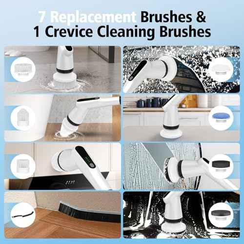 Electric Spin Scrubber, Dreazu IPX7 Bathroom Scrubber with 7 Replaceable Brush Heads & Retractable Handle, 2-Speed Adjustable Shower Cleaner Brush for Bathroom, Bathtub, Kitchen, Tile Floors