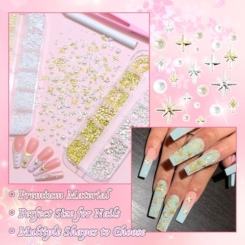 BELICEY 2 Boxes 3D Star Nail Charms Mix Gold Silver Star Cross Charms for Nails Beige White Flatback Pearls for Nails Metal Nail Studs Charms and Gems for DIY Nail Art Supplies Accessories Crafts