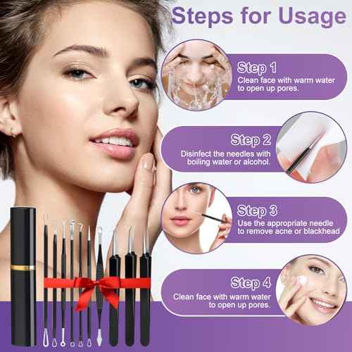 Pimple Popper Tool Kit,10 Pcs Professional Blackhead Remover Comedones Extractor for Easy Removal for Pimples,Blackheads,Zit Removing, Facial and Nose, Acne Removal Kit with Metal Box (Black)