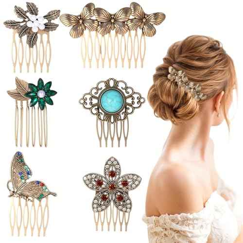 6pcs Vintage gold Hair Side Combs Butterfly Flower Leaf Pearl Rhinestone Tooth Clip Gold French Twist Hair Slide Comb with Teeth Grip for Decorative Crystal Bridal Christmas Wedding Party Halloween