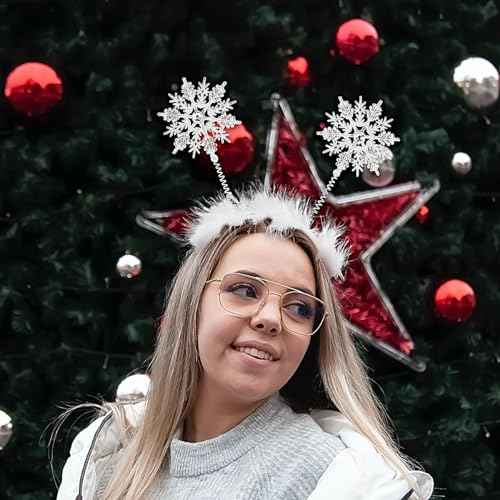 Doneace Snowflake Headband Christmas Headbands for Women Snowflake Hair Band White Feather Hair Hoop Christmas Hair Accessories for Girls Kids Xmas Holiday Party Favor Gifts 1 Pack, One Size Fits All