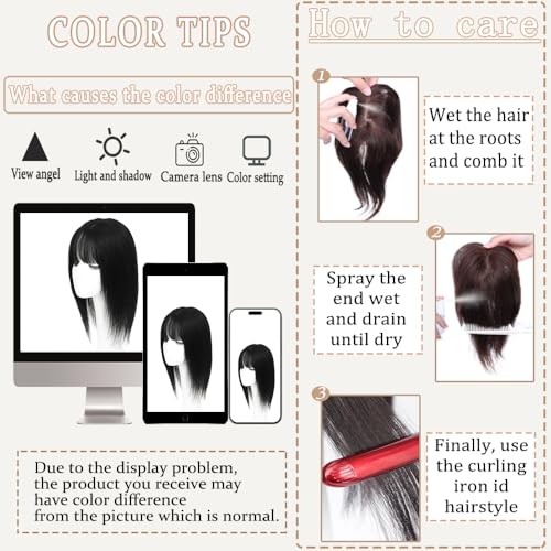 Hair Toppers for Women Real Human Hair,360¡Æ3D Big Basement Cover Topper for Women with Thinning Crown with Wispy Clip in Bangs Realistic Scalp (1B, 3D Wispy Bangs 14INCH)