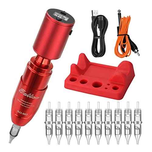 ATOMUS Tattoo Pen Machine Kit with Cordless Tattoo Power Supply Silicone Tattoo Machine Holder 3RL Cartridge Needles 1300mAh RCA Connector LCD Digital Rechargeable Power Supply Set