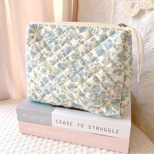 Large Travel Makeup Bag - Quilted Cotton Cosmetic Organizer with Zipper, Cute Coquette Floral Aesthetic Toiletry Pouch Gift for Women (Blue Floral)