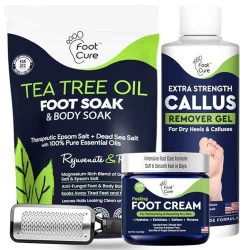 FOOT CURE Exfoliator & Callus Remover Pedicure Set ? Care Kit Includes File for Dead Skin, Tea Tree Oil Soak Salts, Urea Cream 40 Percent Removal Gel Made in USA, Ivory, 4 Piece