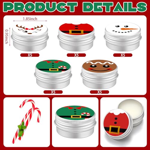 25 Pcs Christmas Peppermint Flavor Lip Balms Gifts Tins Bulk Peppermint Candy Flavor Lip Balms Elf Christmas Party Gifts Favors Stocking Stuffers Bulk for Coworkers Staff Employee(Casual Style)