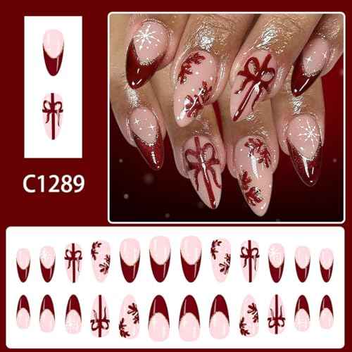Christmas Press on Nails Medium Almond Fake Nails Glossy Xmas False Nails with Designs Red French Tip,Gift,Snowflake Glue on Nail Full Cover Reusable Winter Christmas Nail for Women Manicure 24Pcs