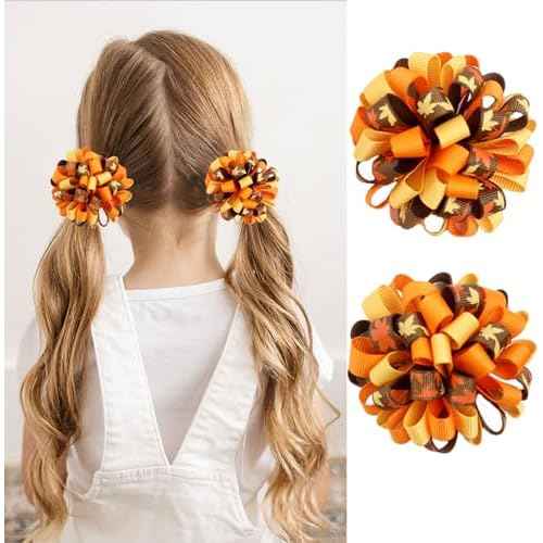 2PCS Fall Thanksgiving Korker Hair Bow Clips Maple Leaves Hair Clips Curly Corker Ribbon Alligator Barrettes Thanksgiving Loopy Hair Clip Festival Boutique Autumn Hair Accessories for Toddler Girls