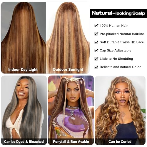 Highlight Wig Human Hair 28inch 200% Density 100 Natural Human Hair Wigs For Women 13x4 Full Frontal Transparent HD Lace Pre Plucked Ombre Straight Lace Front Wig Human Hair Brown Colored Glueless
