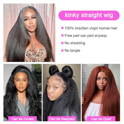 Kinky Straight Wig 13x6 Lace Front Wigs Human Hair 20 Inch Yaki Straight Human Hair Wig 200% Density Lace Front Human Hair Wigs for Black Women