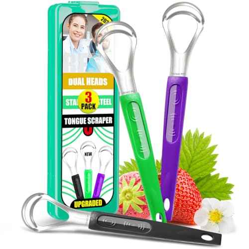 3 Pack Metal Tongue Scrapers for Kids Adults, Stainless Steel Tongue Cleaner Scrubber with Travel Case