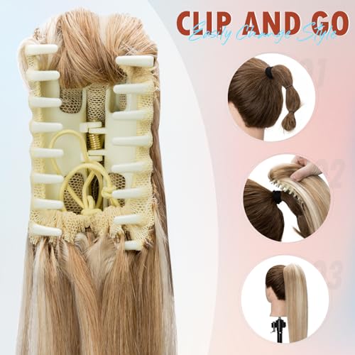 Hairro Claw Clip In Ponytails 100% Real Human Hair Ponytail Hair Extensions Jaw On Ponytail Jaw/Claw Clips Pony Tail Hairpieces For Women 14 Inch 105g #12P613 Golden Brown Mix Bleach Blonde