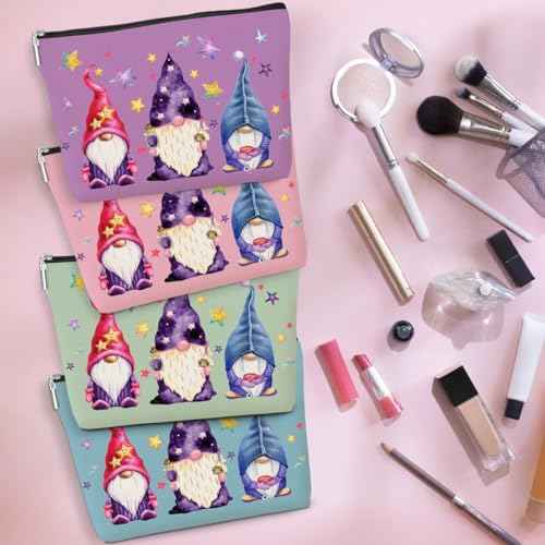 4 Pack Watercolor Magic Gnome Star Makeup Bag Cosmetic Bags Gnomes Gifts for Women Gnome Lovers Daughter Girl Friend Sister Bestie Nurse Wife Mom Friendship Birthday Christmas Waterproof Toiletry Bag