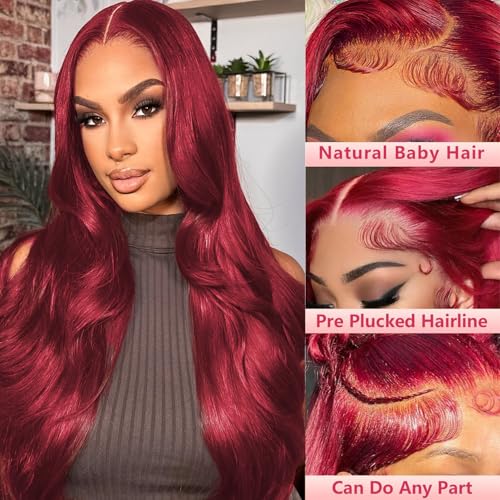 28 Inch 99j Burgundy Lace Front Wigs Human Hair Red Wig Burgundy Human Hair Wig Glueless Lace Front Wigs for Women 13x4 Body Wave Lace Front Wigs Pre Plucked 180% Density