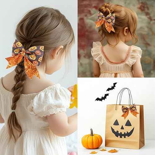 Glitter Halloween Pumpkin Hair Bow Clips for Women Girls, Sparkly Orange Fall Cheer Alligator Hairpins Big for Kids Thanksgiving Party Costume Decor Accessory Gift (A)