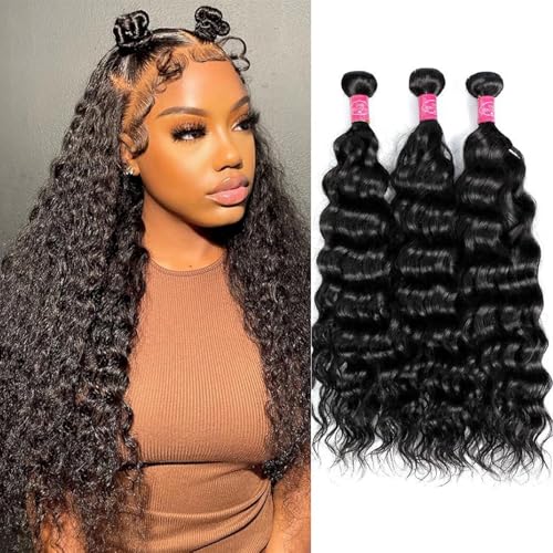 Water Wave Bundles Human Hair 20 22 24 Inch Deep Curly Human Hair Bundles 100% Unprocessed Brazilian Natural Wave Quick Weave Hair for Women Natural Black