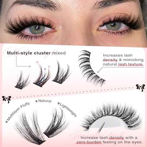 Wispy Lash Clusters Kit Cluster Eyelash Extensions Natural Lash Extension Kit C Curl Fluffy Individual Eyelashes with Bottom Lashes Clusters Waterproof Bond and Seal DIY at Home