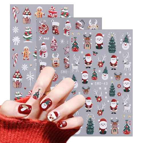5D Embossed Christmas Nail Art Stickers Xmas Nail Decals Cute Santa Claus Christmas Tree Cake Candy Snowflake Snowman Nail Designs Christmas Nail Supplies Decoration for Women DIY Manicure Accessories