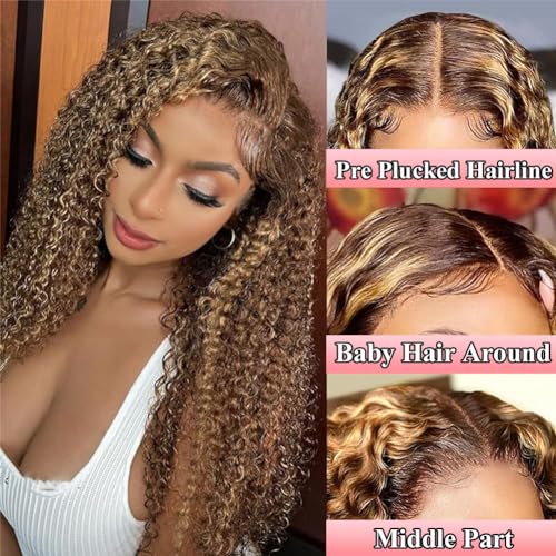 18 inch Water Wave P4/27 Highlight 13x4 HD Transparent Lace Front Wigs Ombre Human Hair Wet and Wavy Curly Glueless Lace Frontal Wigs Pre Plucked with Baby Hair 180% Density