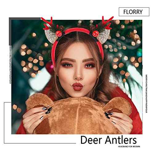 Florry Christmas Antler Headband Hair Hoop for Women Glitter Reindeer Antlers Hair bands Hair Accessories Headdress for Christmas Decorations Holiday Party (Red)