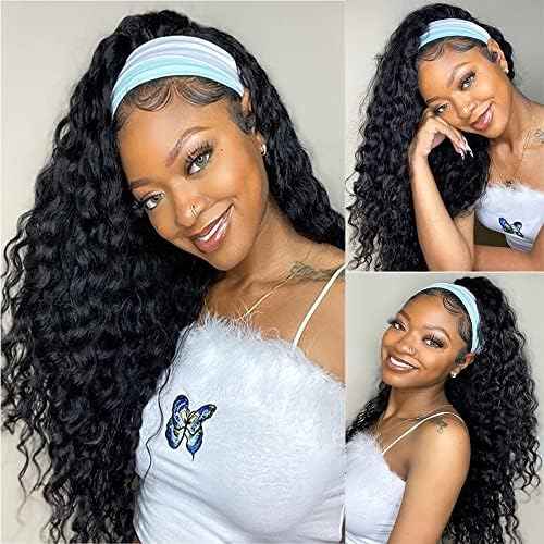WENYAN Headband Wig Human Hair Deep Wave 22 Inch Wigs for Black Women Glueless None Lace Front Curly Wave Wig Brazilian Virgin Hair Wear and Go Wigs Machine Made 150% Density Natural Color